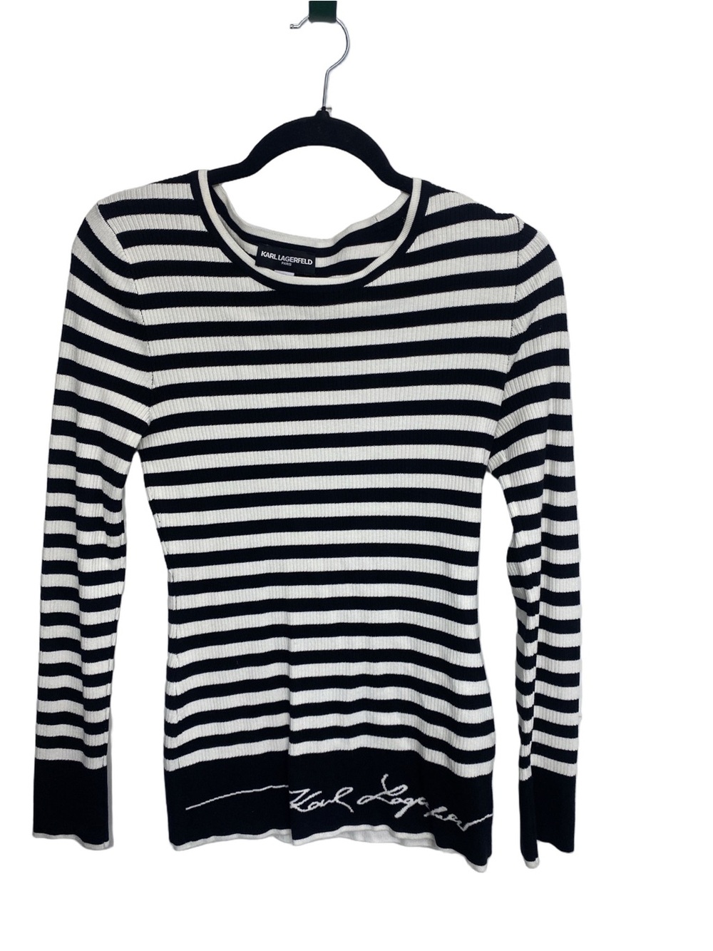 Karl Lagerfeld Paris Striped Ribbed Knit Sweater - Picture 2 of 5